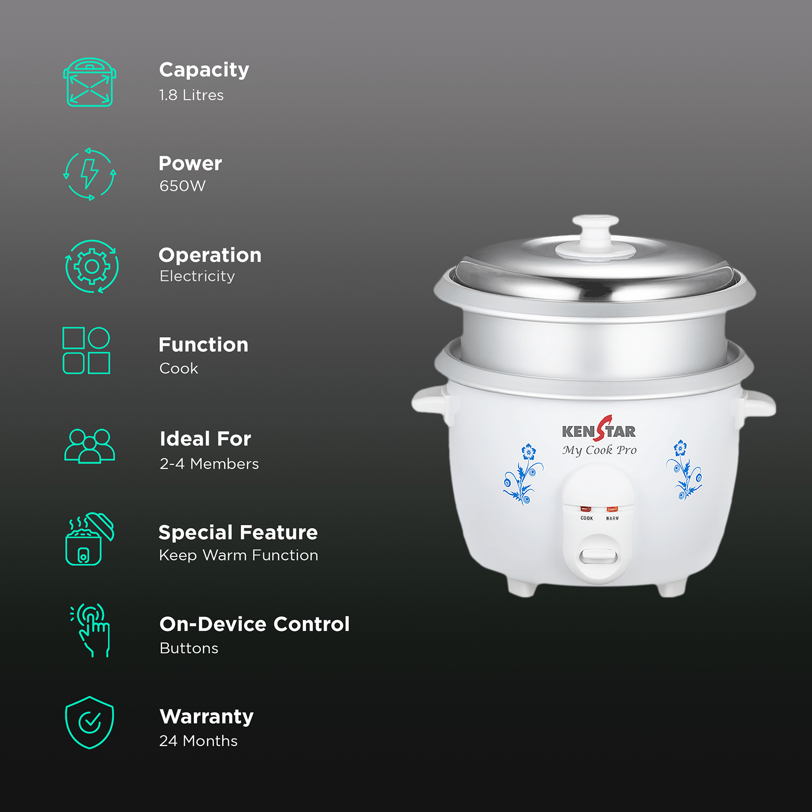 KENSTAR My Cook Pro 1.8 Litre Electric Rice Cooker with Keep Warm Function White